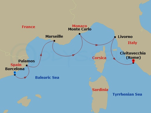 Route map: Barcelona → Palamos → Marseille → Monte Carlo → Florence/Pisa (Livorno) → Rome (Civitavecchia)