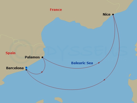 Route map: Barcelona → Palamos → Nice → Barcelona