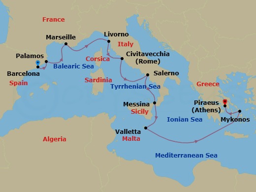 Route map: Barcelona → Palamos → Provence (Marseille) → Florence/Pisa/Tuscany (Livorno) → Rome (Civitavecchia) → Salerno → Messina (Sicily) → Valletta → Mykonos → Athens (Piraeus)