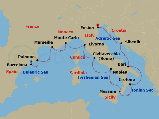 Route map: Barcelona → Palamos → Marseille → Monte Carlo → Florence/Pisa (Livorno) → Rome (Civitavecchia) → Naples → Sicily (Messina) → Crotone → Bari