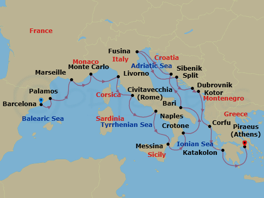 Route map: Barcelona → Palamos → Marseille → Monte Carlo → Florence/Pisa (Livorno) → Rome (Civitavecchia) → Naples → Sicily (Messina) → Crotone → Bari