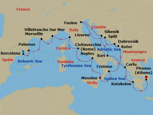 Route map: Barcelona → Palamos → Marseille → Villefranche-Sur-Mer → Florence/Pisa (Livorno) → Rome (Civitavecchia) → Naples → Sicily (Messina) → Crotone → Bari