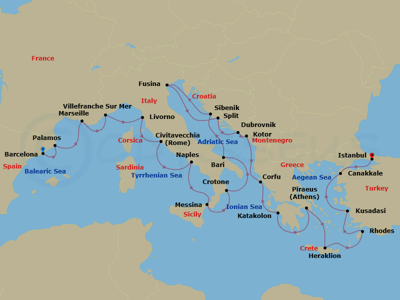 Route map: Barcelona → Palamos → Marseille → Villefranche-Sur-Mer → Florence/Pisa (Livorno) → Rome (Civitavecchia) → Naples → Sicily (Messina) → Crotone → Bari