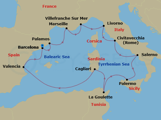 Route map: Barcelona → Palamos → Marseille → Villefranche-Sur-Mer → Florence/Pisa (Livorno) → Rome (Civitavecchia) → Salerno → Palermo Sicily → Tunis (La Goulette) → Sardinia (Cagliari)