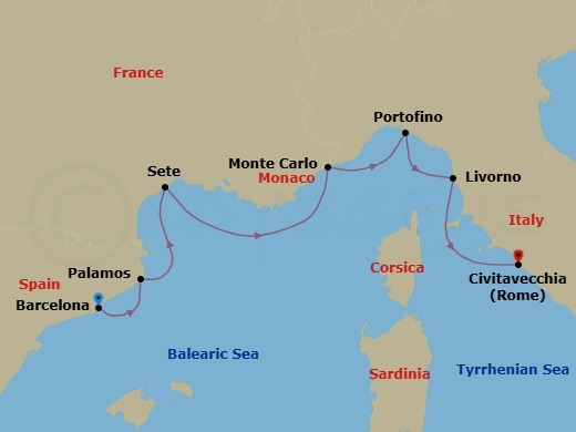 Route map: Barcelona → Palamos → Sete → Monte Carlo → Portofino → Tuscany (Livorno) → Rome (Civitavecchia)