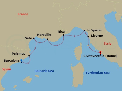 Route map: Barcelona → Palamos → Sete → Provence (Marseille) → Villefranche → Cinque Terre (La Spezia) → Florence/Pisa/Tuscany (Livorno) → Rome (Civitavecchia)