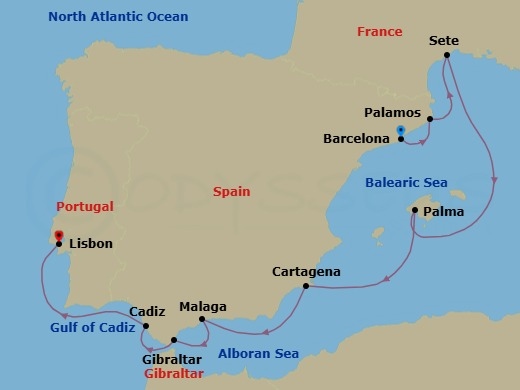 Route map: Barcelona → Palamos → Sete → Palma De Mallorca → Cartagena → Malaga → Gibraltar → Cadiz → Lisbon