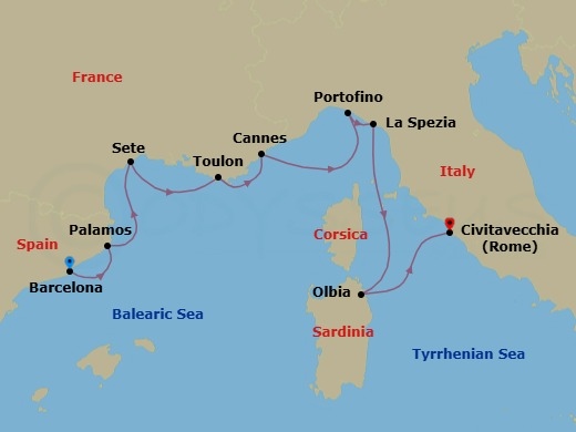 Route map: Barcelona → Palamos → Sete → Toulon → Cannes → Portofino → La Spezia (Cinque Terre) → Olbia (Sardinia) → Rome (Civitavecchia)