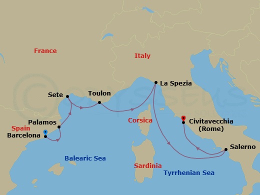 Route map: Barcelona → Palamos → Sete → Toulon → La Spezia (Cinque Terre) → Salerno → Rome (Civitavecchia)