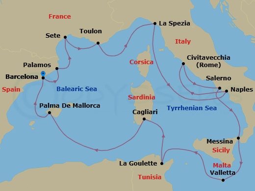Route map: Barcelona → Palamos → Sete → Toulon → La Spezia (Cinque Terre) → Salerno → Rome (Civitavecchia) → Naples/Pompeii → Messina (Sicily) → Valletta