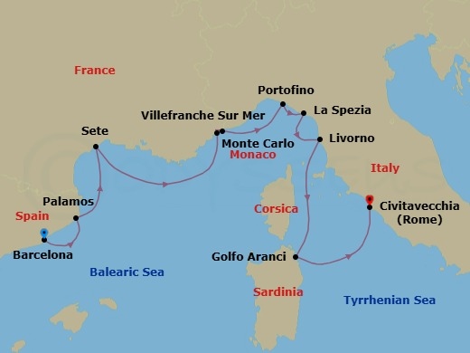Route map: Barcelona → Palamos → Sete → Villefranche → Monte Carlo → Portofino → La Spezia (Cinque Terre) → Tuscany (Livorno) → Golfo Aranci(Sardinia) → Rome (Civitavecchia)