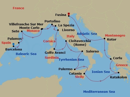 Route map: Barcelona → Palamos → Sete → Villefranche → Monte Carlo → Portofino → La Spezia (Cinque Terre) → Tuscany (Livorno) → Golfo Aranci(Sardinia) → Rome (Civitavecchia)