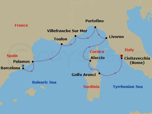 Route map: Barcelona → Palamos → Toulon → Villefranche → Portofino → Tuscany (Livorno) → Ajaccio (Corsica) → Golfo Aranci(Sardinia) → Rome (Civitavecchia)