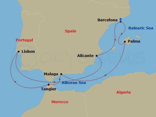 Route map: Barcelona → Palma De Mallorca → Malaga, Spain → Tangier → Lisbon → Alicante → Barcelona