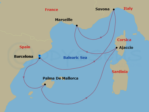 Route map: Barcelona → PALMA DE MALLORCA → Ajaccio (Corsica) → Marseille → Savona → Barcelona