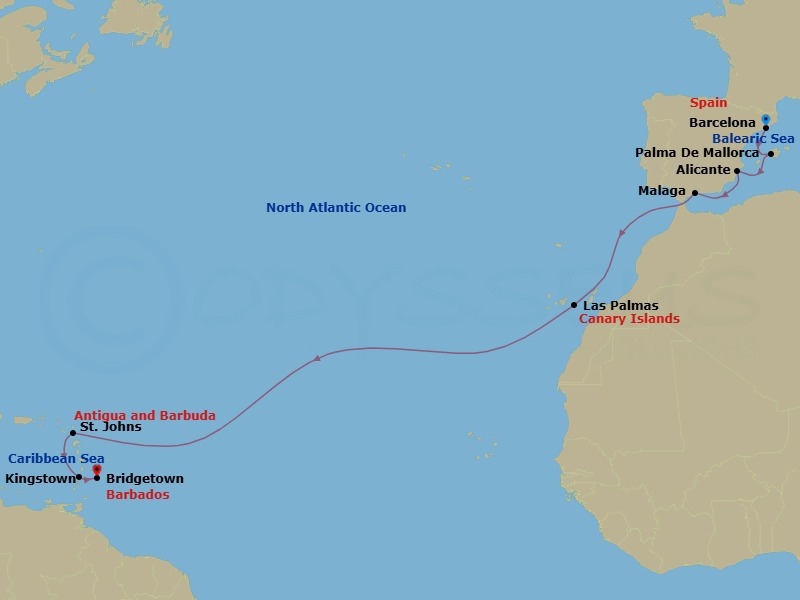 Route map: Barcelona → Palma De Mallorca → Alicante → Malaga → Las Palmas → St. Johns → Kingstown St Vincent & The Grenadines → Bridgetown