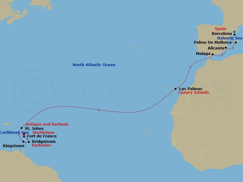 Route map: Barcelona → Palma De Mallorca → Alicante → Malaga → Las Palmas → St. Johns → Kingstown St Vincent & The Grenadines → Bridgetown → Fort de France