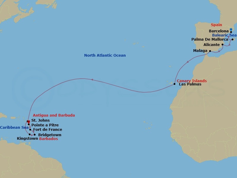 Route map: Barcelona → Palma De Mallorca → Alicante → Malaga → Las Palmas → St. Johns → Kingstown St Vincent & The Grenadines → Bridgetown → Fort de France → Pointe a Pitre