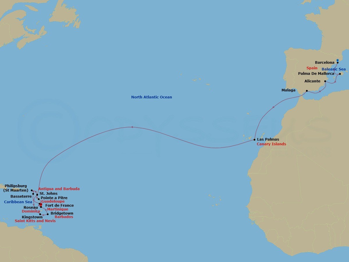 Route map: Barcelona → Palma De Mallorca → Alicante → Malaga → Las Palmas → St. Johns → Kingstown St Vincent & The Grenadines → Bridgetown → Fort de France → Pointe a Pitre