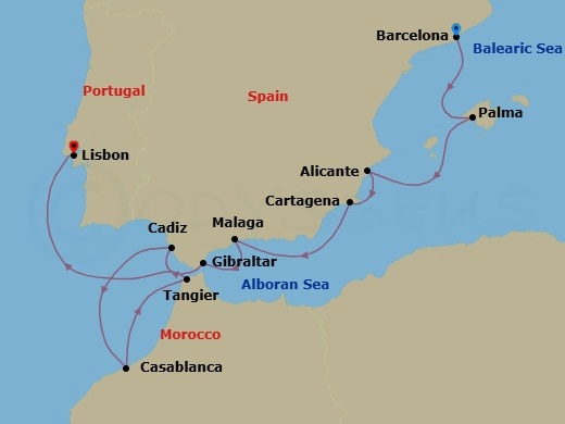 Route map: Barcelona → Palma de Mallorca → Alicante → Cartagena (Spain) → Malaga (Costa del Sol) → Gibraltar → Cadiz → Casablanca (Morocco) → Tangier → Lisbon