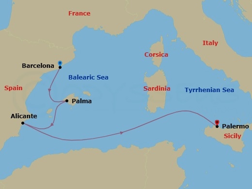 Route map: Barcelona (Spain) → Balearic Sea Darkest Spot → Palma De Mallorca (Spain) → Alicante (Spain) → Palermo (Sicily)