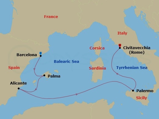 Route map: Barcelona (Spain) → Balearic Sea Darkest Spot → Palma De Mallorca (Spain) → Alicante (Spain) → Palermo (Sicily) → Civitavecchia | Rome