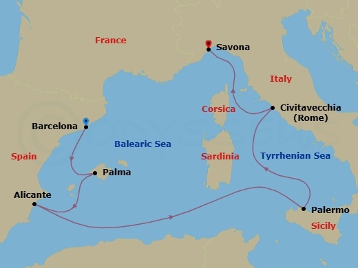 Route map: Barcelona (Spain) → Balearic Sea Darkest Spot → Palma De Mallorca (Spain) → Alicante (Spain) → Palermo (Sicily) → Civitavecchia | Rome → Savona (Italy)