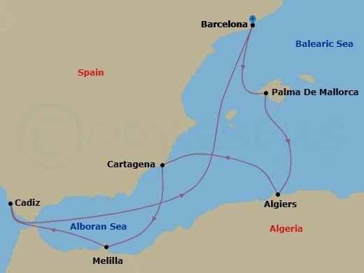Route map: Barcelona → Palma De Mallorca → Malaga → Cartagena → Barcelona → Cadiz → Barcelona