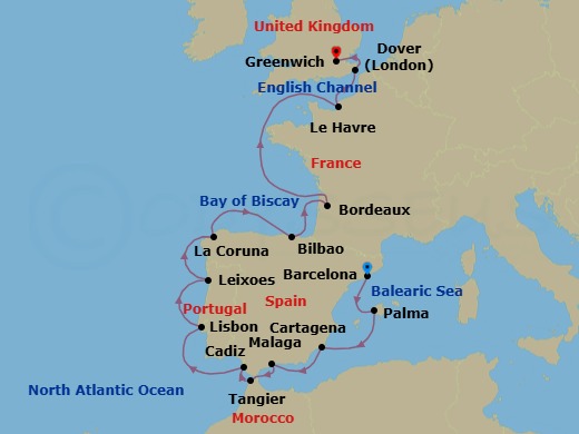 Route map: Barcelona → Palma De Mallorca → Murcia (Cartagena) → Granada (Malaga) → Tangier → Seville (Cadiz) → Lisbon → Porto (Leixoes) → A Coruna → Bilbao