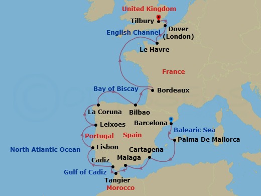 Route map: Barcelona → Palma De Mallorca → Cartagena → Malaga → Tangier (Tetouan) Morocco → Cadiz → Lisbon → Leixoes → La Coruna → Bilbao