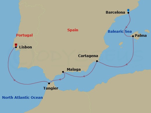 Route map: Barcelona → Palma De Mallorca → Murcia (Cartagena) → Granada (Malaga) → Tangier → Lisbon
