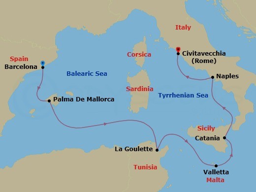 Route map: Barcelona, Spain → Palma de Mallorca, Spain → La Goulette (Tunis), Tunisia → Valletta, Malta → Catania, Sicily, Italy → Naples (Pompeii/Amalfi), Italy → Civitavecchia (Rome), Italy
