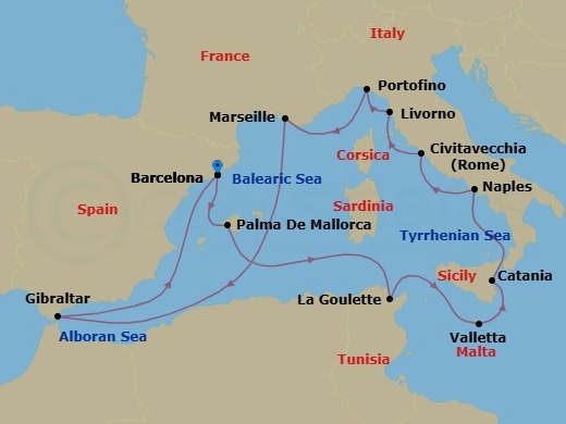 Route map: Barcelona, Spain → Palma de Mallorca, Spain → La Goulette (Tunis), Tunisia → Valletta, Malta → Catania, Sicily, Italy → Naples (Pompeii/Amalfi), Italy → Civitavecchia (Rome), Italy → Livorno (Florence/Pisa), Italy → Portofino, Italy → Marseille (Provence), France