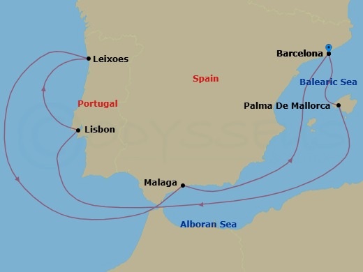 Route map: Barcelona, Spain → Palma De Mallorca, Spain → Lisbon, Portugal → Porto (Leixoes), Portugal → Malaga, Spain → Barcelona, Spain