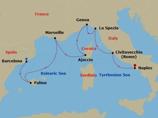Route map: Barcelona, Spain → Mallorca (Palma), Spain → Marseille (Provence), France → Corsica (Ajaccio), France → Genoa (for Cinque Terre), Italy → La Spezia (for Florence/Pisa),Italy → Civitavecchia (for Rome), Italy → Naples, Italy (for Capri & Pompeii)