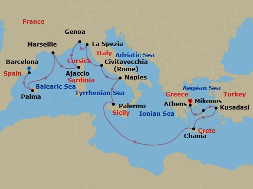 Route map: Barcelona, Spain → Mallorca (Palma), Spain → Marseille (Provence), France → Corsica (Ajaccio), France → Genoa (for Cinque Terre), Italy → La Spezia (for Florence/Pisa),Italy → Civitavecchia (for Rome), Italy → Naples, Italy (for Capri & Pompeii) → Sicily (Palermo), Italy → Crete (Chania), Greece