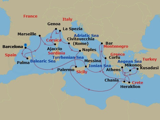 Route map: Barcelona, Spain → Mallorca (Palma), Spain → Marseille (Provence), France → Corsica (Ajaccio), France → Genoa (for Cinque Terre), Italy → La Spezia (for Florence/Pisa),Italy → Civitavecchia (for Rome), Italy → Naples, Italy (for Capri & Pompeii) → Sicily (Palermo), Italy → Crete (Chania), Greece