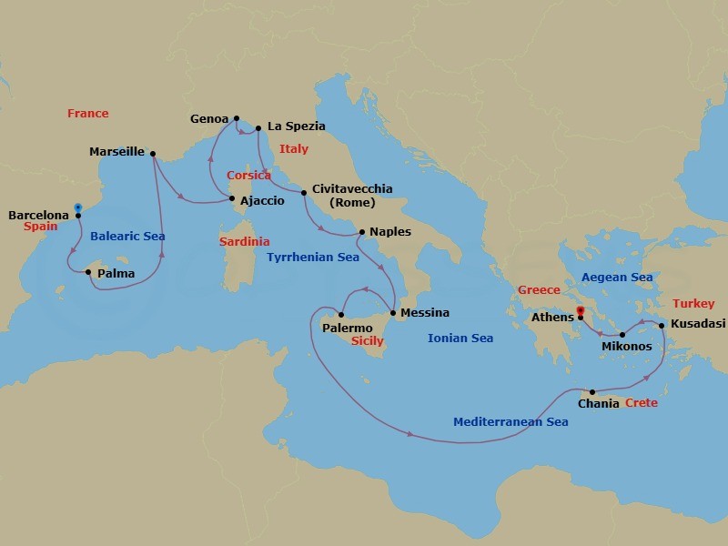 Route map: Barcelona, Spain → Mallorca (Palma), Spain → Marseille (Provence), France → Corsica (Ajaccio), France → Genoa (for Cinque Terre), Italy → La Spezia (for Florence/Pisa),Italy → Civitavecchia (for Rome), Italy → Naples, Italy (for Capri & Pompeii) → Sicily (Messina), Italy → Sicily (Palermo), Italy