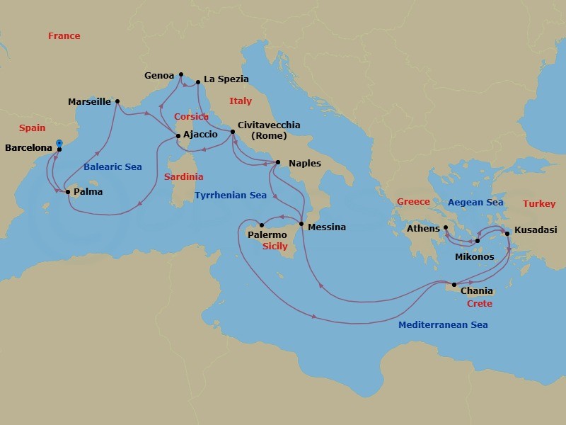 Route map: Barcelona, Spain → Mallorca (Palma), Spain → Marseille (Provence), France → Corsica (Ajaccio), France → Genoa (for Cinque Terre), Italy → La Spezia (for Florence/Pisa),Italy → Civitavecchia (for Rome), Italy → Naples, Italy (for Capri & Pompeii) → Sicily (Messina), Italy → Sicily (Palermo), Italy