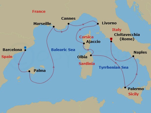 Route map: Barcelona → Palma De Mallorca → Provence (Marseille) → Cannes → Florence/Pisa/Tuscany (Livorno) → Ajaccio (Corsica) → Olbia/Porto Cervo (Sardinia) → Palermo (Sicily) → Naples/Pompeii → Rome (Civitavecchia)