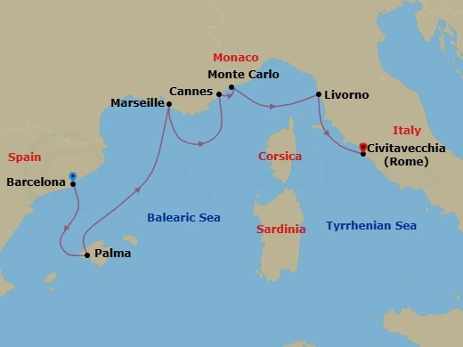 Route map: Barcelona → Palma De Mallorca → Marseille → Cannes → Monte Carlo → Livorno (Florence) → Civitavecchia (Rome)