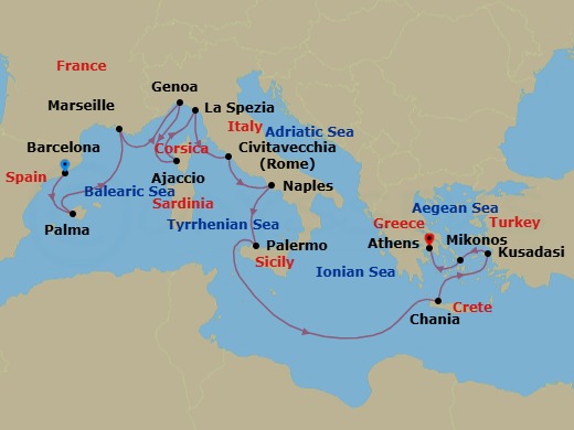 Route map: Barcelona, Spain → Mallorca (Palma), Spain → Marseille (Provence), France → Genoa (for Cinque Terre), Italy → Corsica (Ajaccio), France → La Spezia (for Florence/Pisa),Italy → Civitavecchia (for Rome), Italy → Naples, Italy (for Capri & Pompeii) → Sicily (Palermo), Italy → Crete (Chania), Greece
