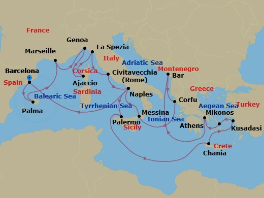 Route map: Barcelona, Spain → Mallorca (Palma), Spain → Marseille (Provence), France → Genoa (for Cinque Terre), Italy → Corsica (Ajaccio), France → La Spezia (for Florence/Pisa),Italy → Civitavecchia (for Rome), Italy → Naples, Italy (for Capri & Pompeii) → Sicily (Palermo), Italy → Crete (Chania), Greece