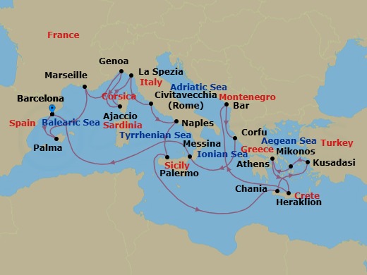 Route map: Barcelona, Spain → Mallorca (Palma), Spain → Marseille (Provence), France → Genoa (for Cinque Terre), Italy → Corsica (Ajaccio), France → La Spezia (for Florence/Pisa),Italy → Civitavecchia (for Rome), Italy → Naples, Italy (for Capri & Pompeii) → Sicily (Palermo), Italy → Crete (Chania), Greece