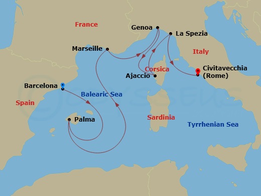 Route map: Barcelona, Spain → Mallorca (Palma), Spain → Marseille (Provence), France → Genoa (for Cinque Terre), Italy → Corsica (Ajaccio), France → La Spezia (for Florence/Pisa),Italy → Civitavecchia (for Rome), Italy