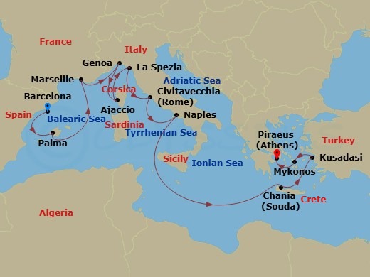 Route map: Barcelona, Spain → Mallorca (Palma), Spain → Marseille (Provence), France → Genoa (for Cinque Terre), Italy → Corsica (Ajaccio), France → La Spezia (for Florence/Pisa),Italy → Civitavecchia (for Rome), Italy → Naples, Italy (for Capri & Pompeii) → Crete (Chania), Greece → Kusadasi, Turkey (for Ephesus)