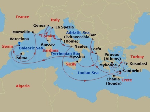 Route map: Barcelona, Spain → Mallorca (Palma), Spain → Marseille (Provence), France → Genoa (for Cinque Terre), Italy → Corsica (Ajaccio), France → La Spezia (for Florence/Pisa),Italy → Civitavecchia (for Rome), Italy → Naples, Italy (for Capri & Pompeii) → Crete (Chania), Greece → Kusadasi, Turkey (for Ephesus)