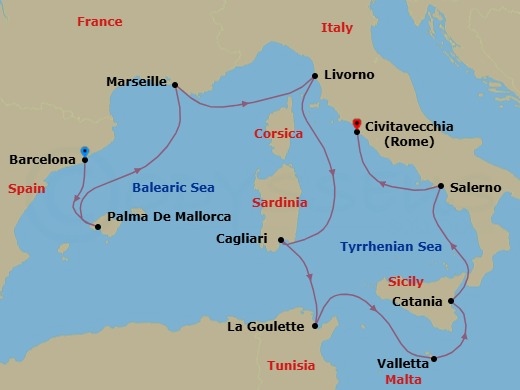Route map: Barcelona, Spain → Palma Majorca, Spain → Provence  Marseille, France → Livorno  Florence Pisa, Italy → Cagliari  Sardinia, Italy → La Goulette, Tunisia → Valletta, Malta → Catania, Italy → Amalfi Coast (Salerno), Italy → Civitavecchia  Rome, Italy