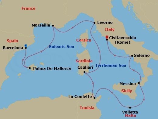 Route map: Barcelona, Spain → Palma Majorca, Spain → Provence  Marseille, France → Livorno  Florence Pisa, Italy → Cagliari  Sardinia, Italy → La Goulette, Tunisia → Valletta, Malta → Messina, Italy → Amalfi Coast (Salerno), Italy → Civitavecchia  Rome, Italy