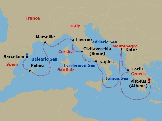 Route map: Barcelona, Spain → Palma de Mallorca, Spain → Marseille (Provence), France → Livorno (Florence/Pisa), Italy → Civitavecchia (Rome), Italy → Naples (Pompeii/Amalfi), Italy → Kerkira, Nisos Kerkira (Corfu), Greece → Kotor, Montenegro → Piraeus (Athens), Greece